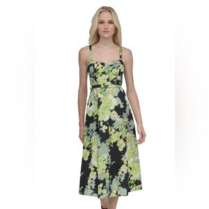 DKNY Green and Black Floral Midi Dress